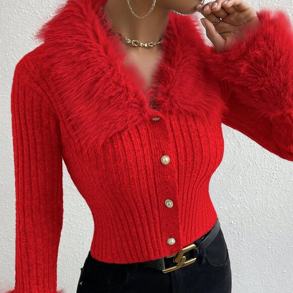 Red Casual Women's Fuzzy Patchwork Slim Fit Cardigan - Picture 3 of 8